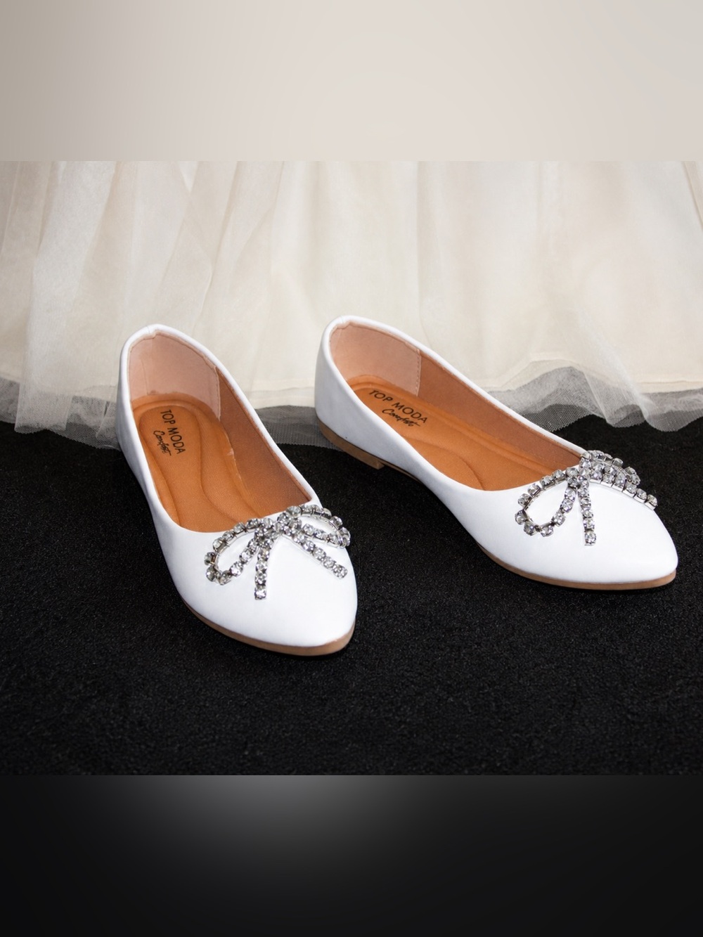 White Crystal Bow Pointed Ballet Flats